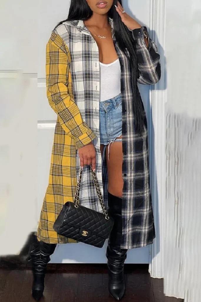 Olivia Mark – Stylish Multicolored Plaid Print Cardigan with Turndown Collar – Perfect Fashionable Casual Outerwear Product Image