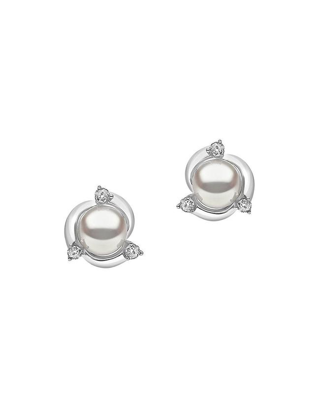 Womens Trend 18K White Gold, 6-6.5MM Cultured Freshwater Pearl, & Diamond Stud Earrings Product Image