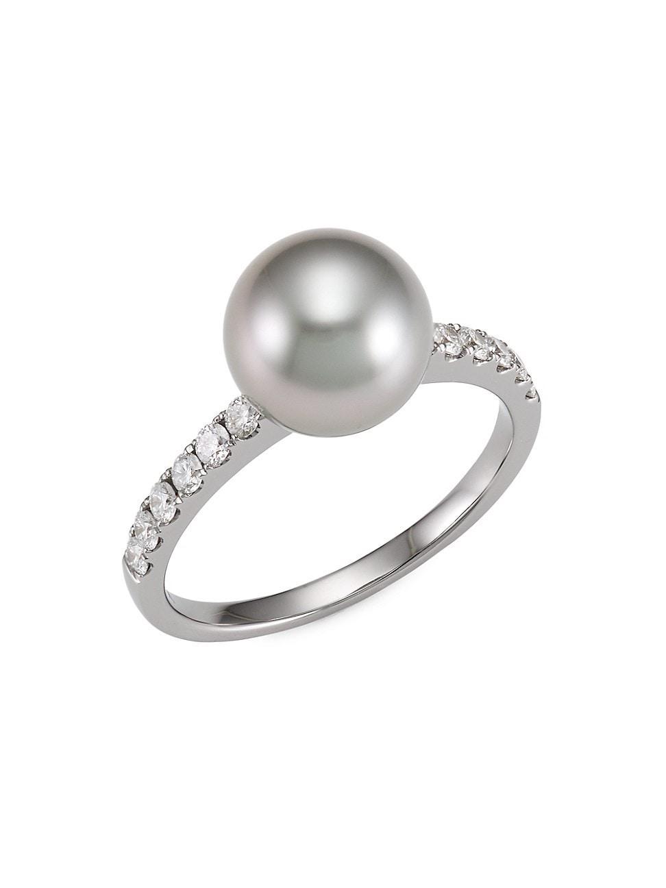 Womens 18K White Gold, 11MM Tahitian Pearl & Diamond Ring Product Image