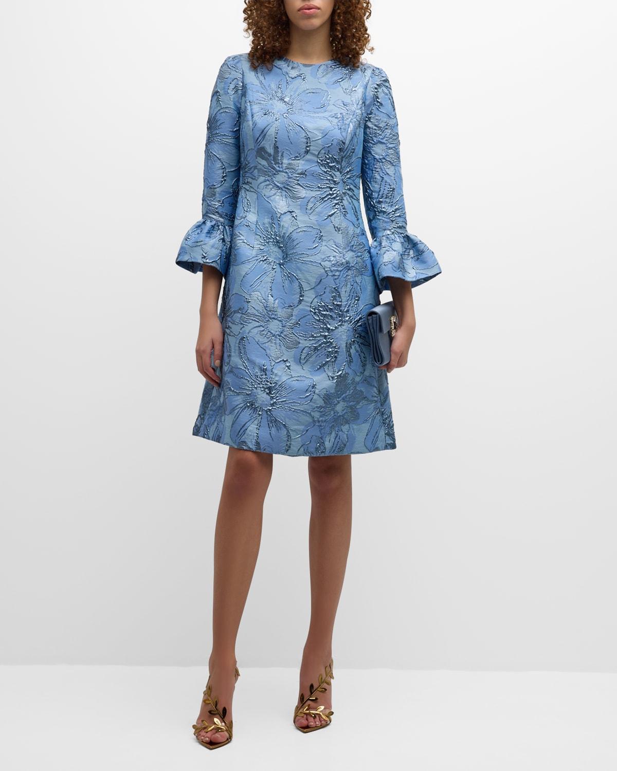 Bell-Sleeve Metallic Floral Jacquard Midi Dress Product Image