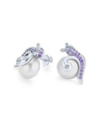 Bling Jewelry 3d Nautical Lavender Cubic Zirconia Pave Snail White Simulated Pearl Stud Earrings For Women Silver Plated Brass Product Image