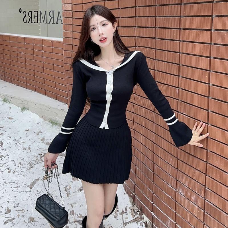 Set: Long-Sleeve Collar Two Tone Button Knit Top + Elastic Waist Mini Pencil Skirt Product Image