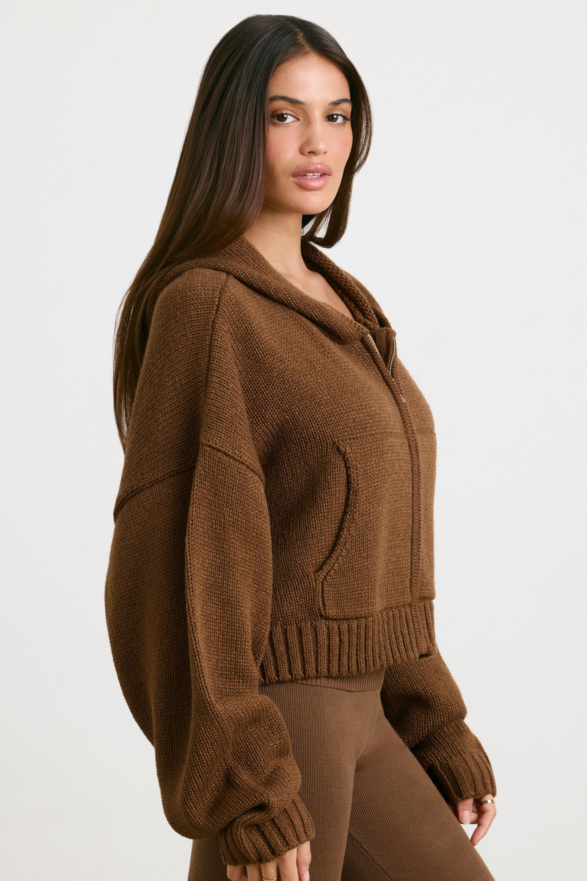 Cropped Zip Up Chunky Knit Hoodie in Espresso Product Image