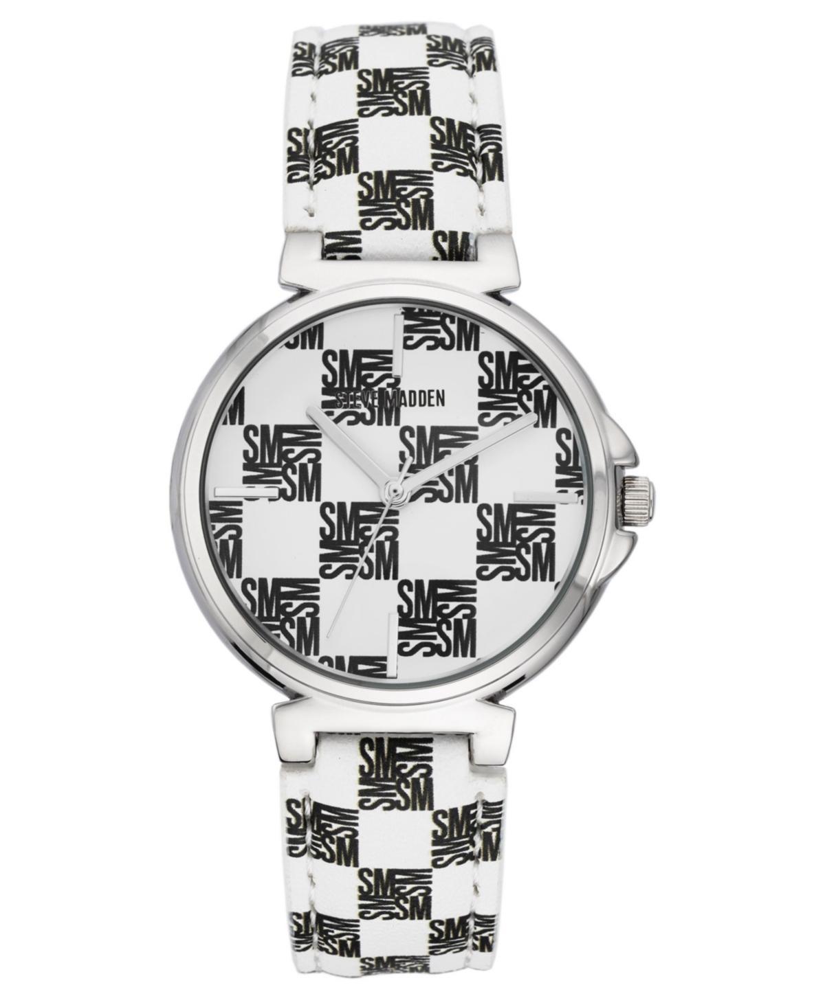 Steve Madden Womens Dual Colored Black and White Polyurethane Leather Strap with Steve Madden Logo in Checkered Pattern and Stitching Watch, 36mm - W Product Image