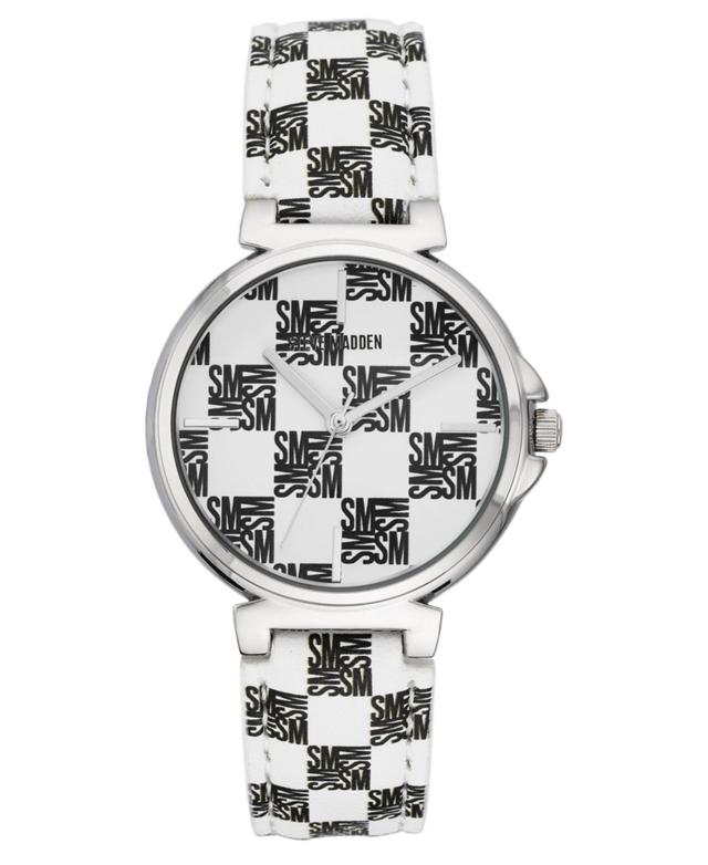 Steve Madden Womens Dual Colored Black and White Polyurethane Leather Strap with Steve Madden Logo in Checkered Pattern and Stitching Watch, 36mm - W Product Image