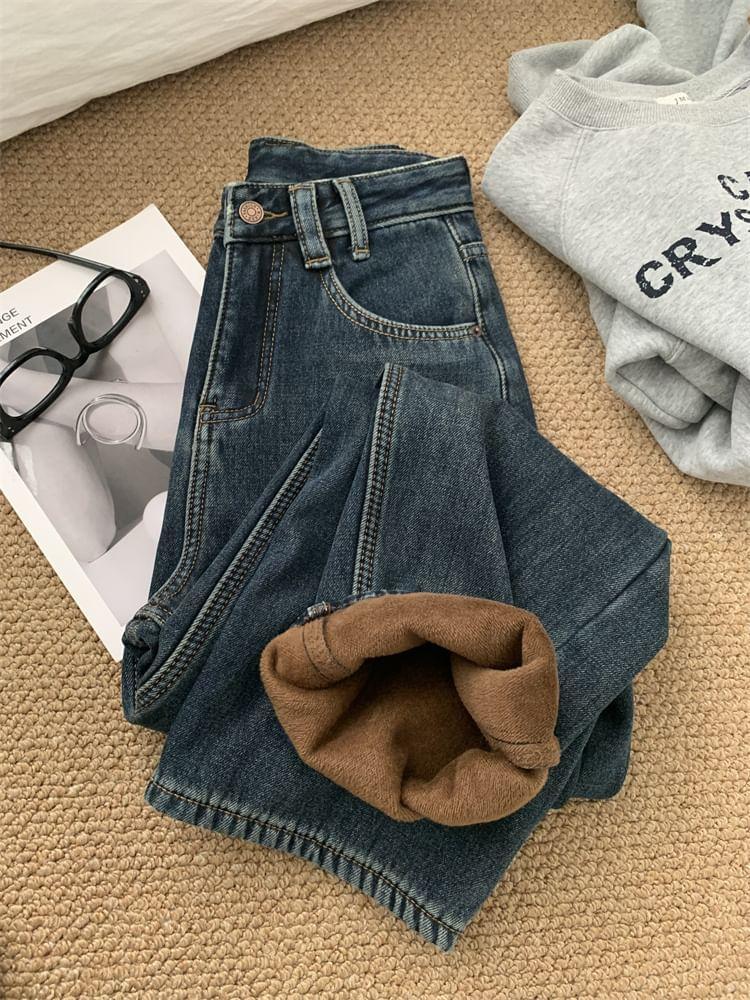 High Rise Fleece-Lined Washed Cropped Straight Leg Jeans Product Image