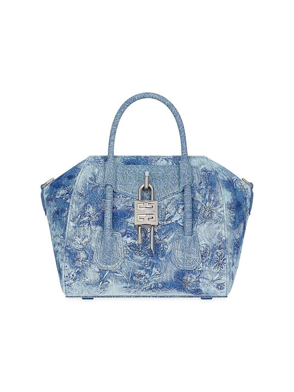 Womens Mini Antigona Lock Top Handle Bag in Washed Embroidered Denim Product Image