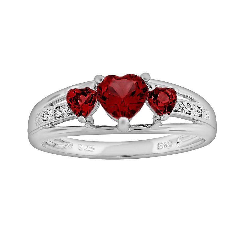 Gemminded Sterling Silver Garnet and Diamond Accent Heart 3-Stone Ring, Womens Red Product Image