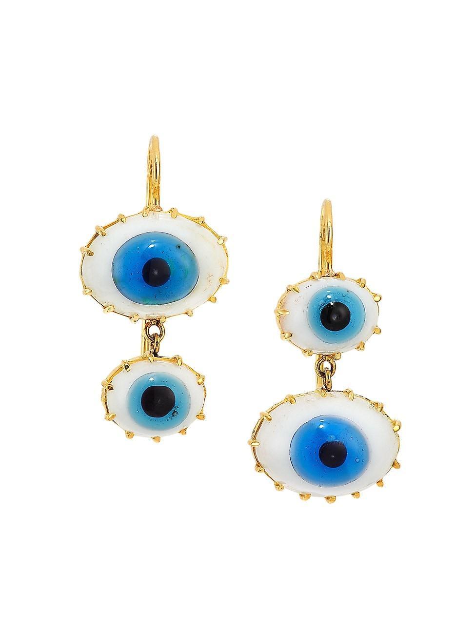 Womens 18K Yellow Gold & Turkish Glass Mismatched Eye Double-Drop Earrings Product Image