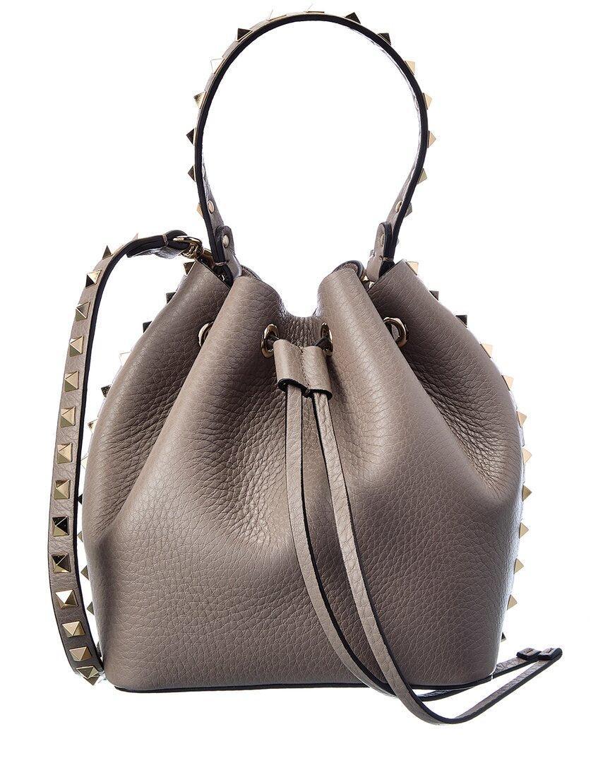 Valentino Rockstud Grainy Leather Bucket Bag In Grey Product Image