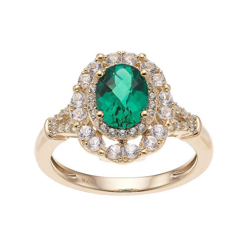 14k Gold Over Silver Lab-Created Emerald & White Sapphire Oval Halo Ring, Womens Gold Tone Product Image