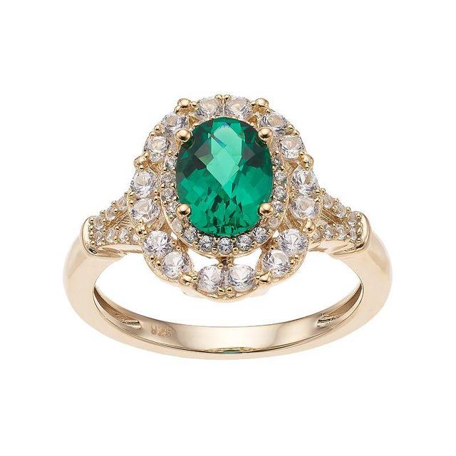 14k Gold Over Silver Lab-Created Emerald & White Sapphire Oval Halo Ring, Womens Gold Tone Product Image