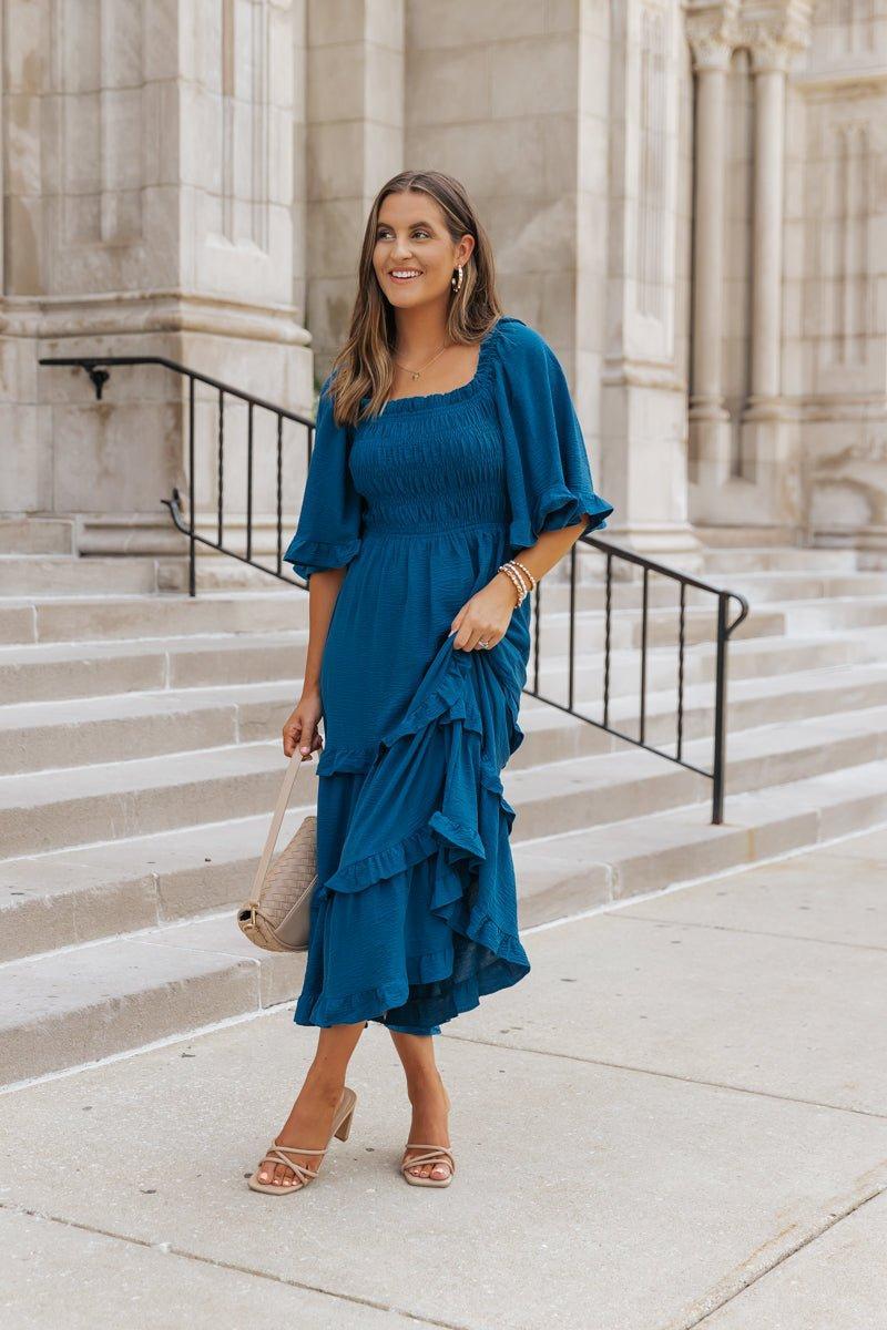 Blue Off The Shoulder Tiered Midi Dress - FINAL SALE Product Image