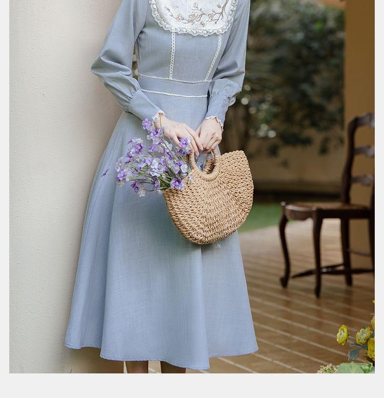 Long-Sleeve Stand Collar Floral Embroidered Lace Trim Midi A-Line Dress Product Image