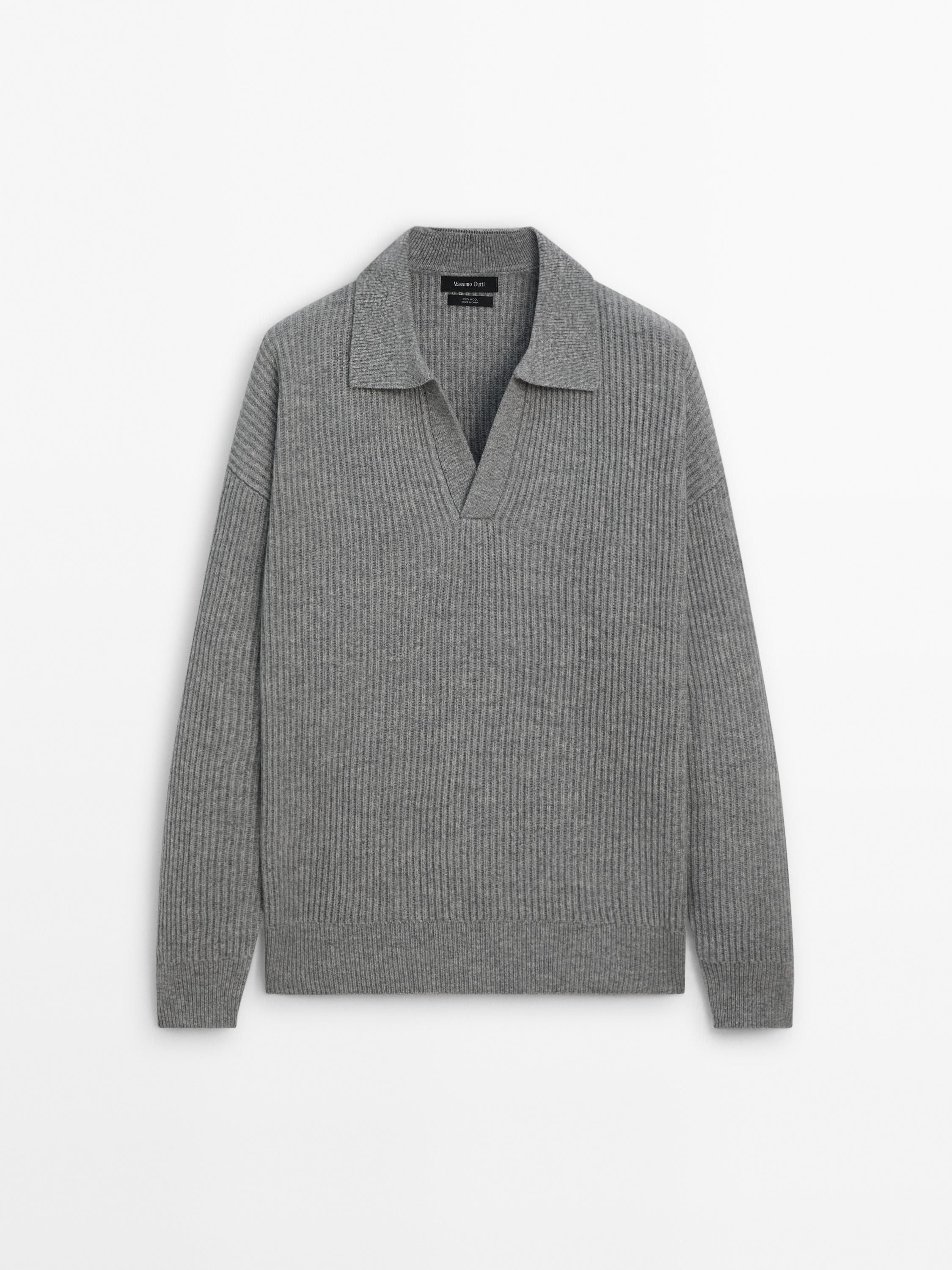 Wool knit sweater with polo collar · Grey Marl, Greenish · Sweaters And Cardigans | Massimo Dutti Product Image