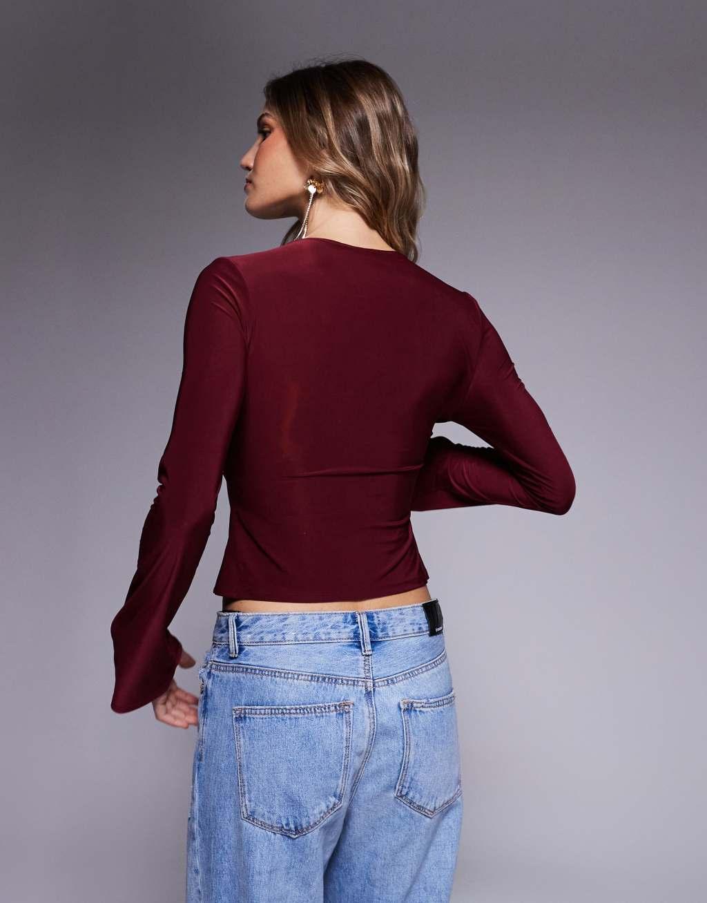 ASOS DESIGN slinky plunge contrast lace trim v neck top with flared sleeves in burgundy Product Image