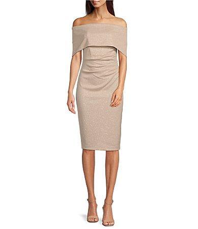 Vince Camuto Foldover Off-the-Shoulder Glitter Metallic Knit Sheath Cocktail Dress Product Image