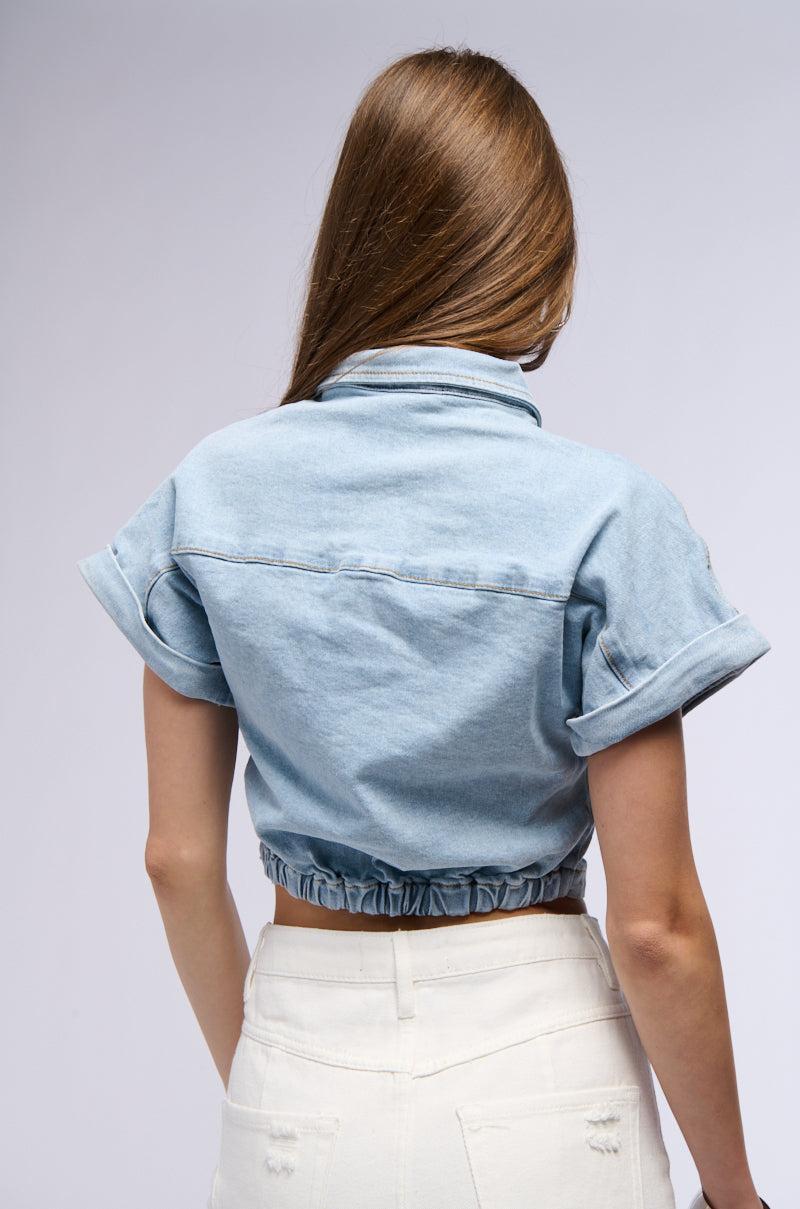 NOT IN THE MOOD CROPPED DENIM SHIRT Product Image