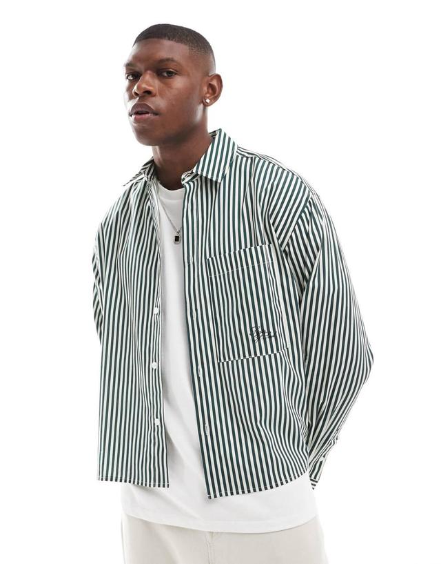 ASOS DESIGN oversized boxy shirt with embroidery in green stripe Product Image