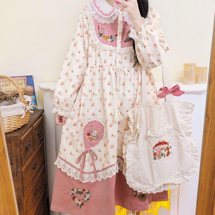 Long-Sleeve Collar Strawberry Print Embroidered Lace Trim Midi A-Line Dress Product Image