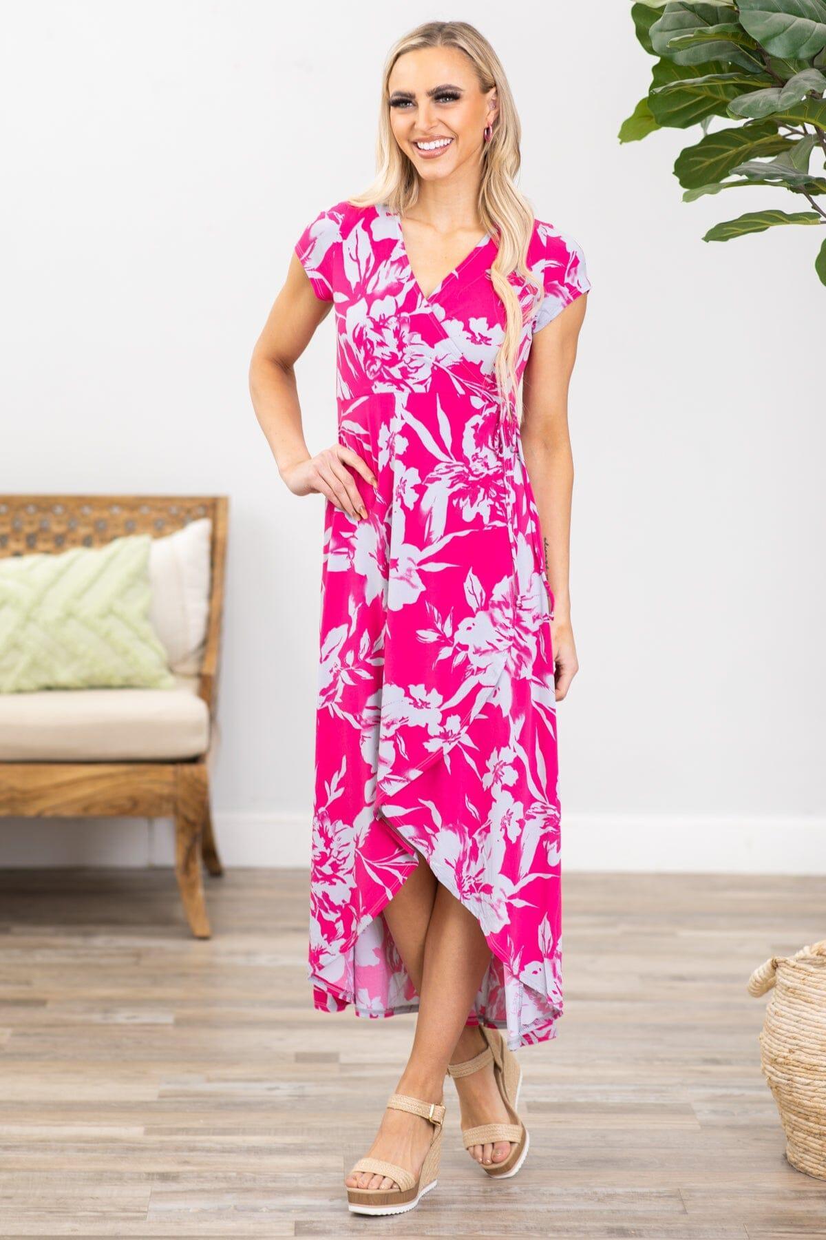 Hot Pink and Grey Floral Print Maxi Dress Product Image