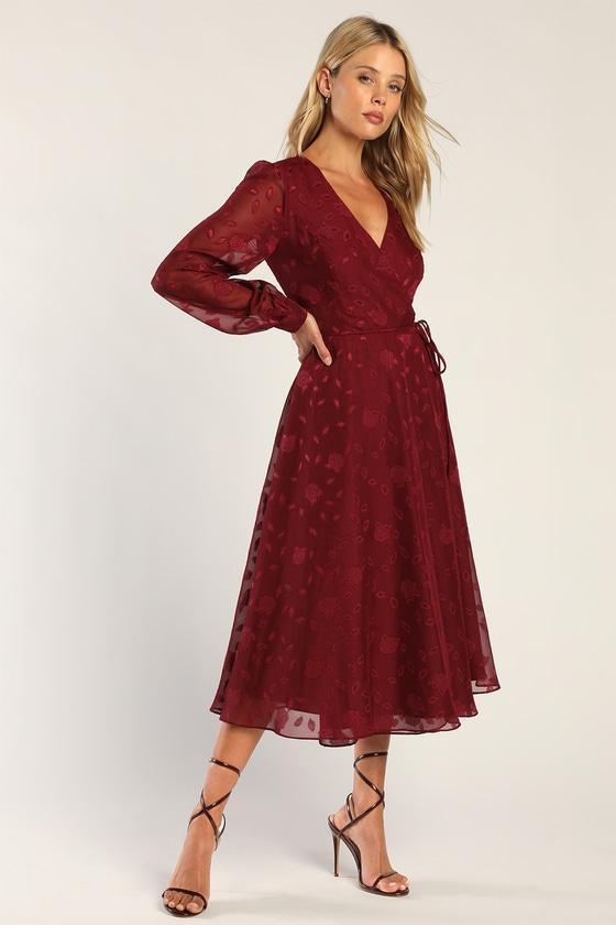 Evening of Elegance Burgundy Floral Jacquard Wrap Midi Dress Product Image