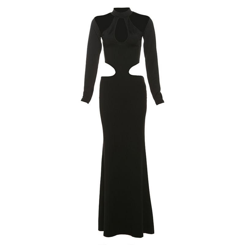 Long-Sleeve Halter-Neck Plain Cutout Maxi Mermaid Dress Product Image