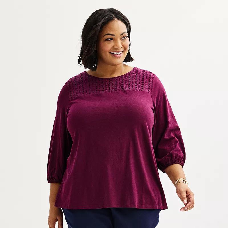 Plus Size Croft & Barrow Eyelet Yoke 3/4-Sleeve Top, Womens Product Image