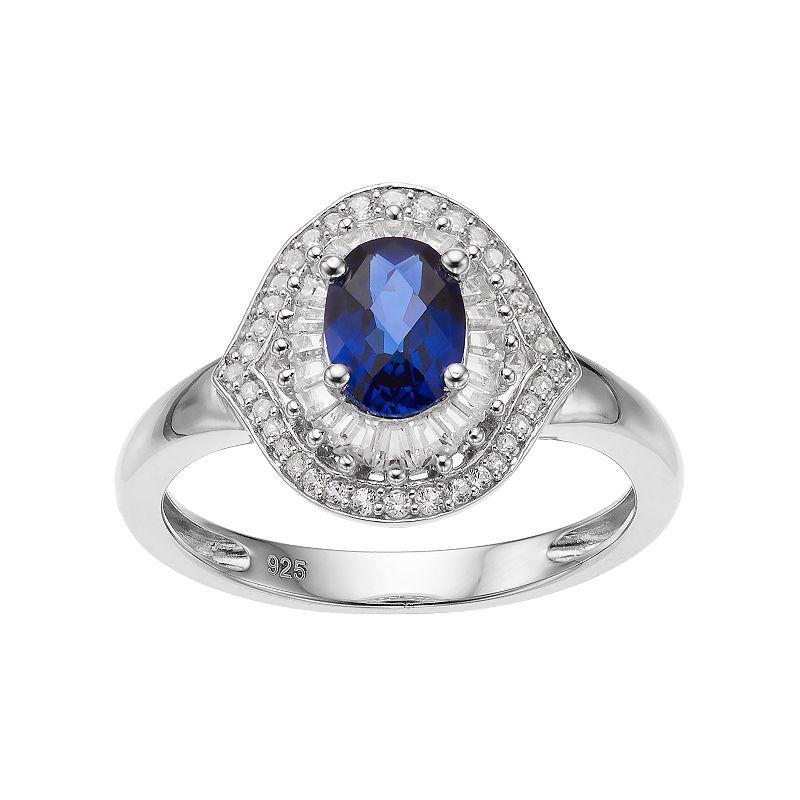 Sterling Silver Lab-Created Blue & White Sapphire Oval Halo Ring, Womens Product Image