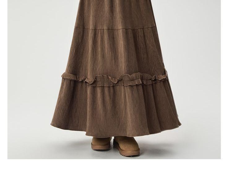 Elastic Waist Plain Ruffle Trim Maxi A-Line Skirt Product Image