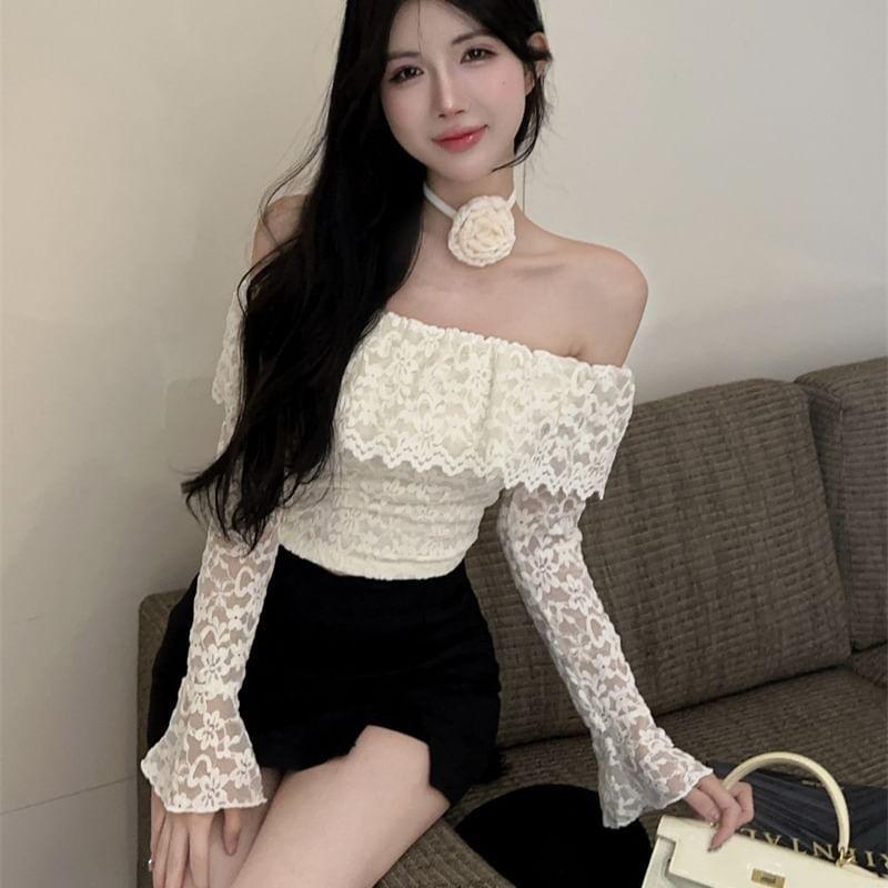 Long Sleeve Off Shoulder Plain Lace Crop Top Product Image