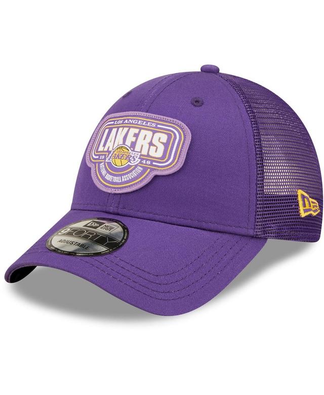 Mens New Era Purple Los Angeles Lakers Team Logo Patch 9FORTY Trucker Snapback Hat Product Image