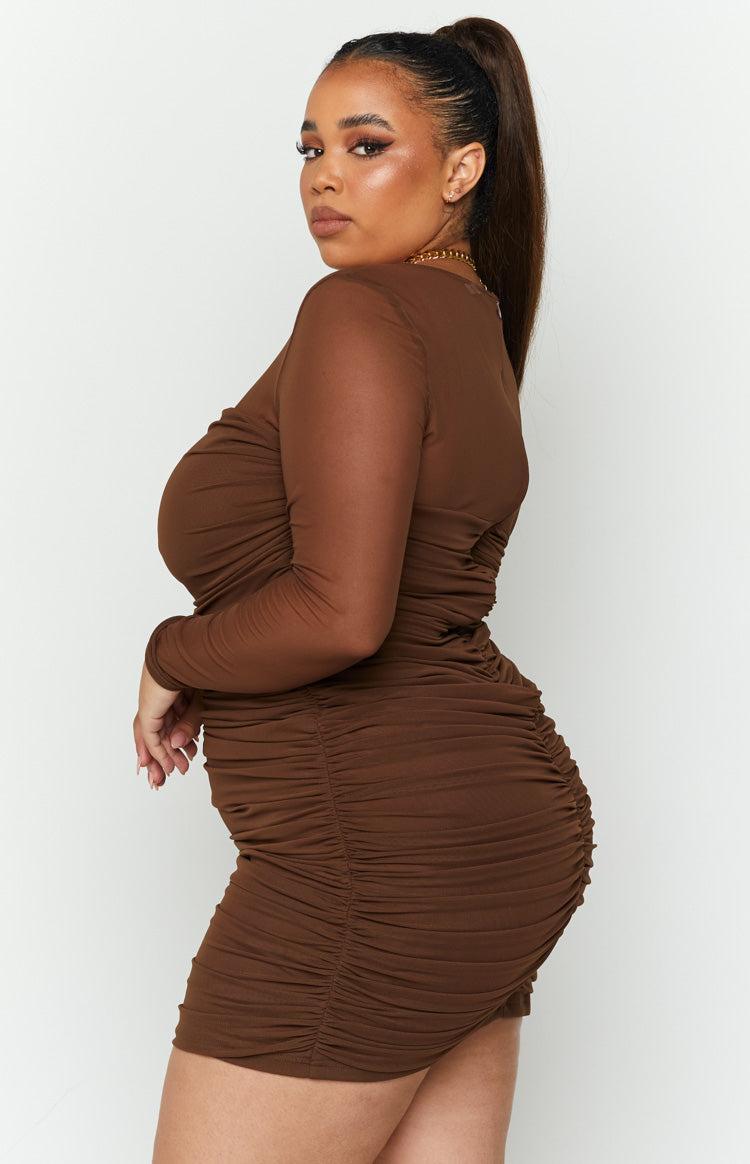 Estee Long Sleeve Mesh Party Dress Brown Product Image