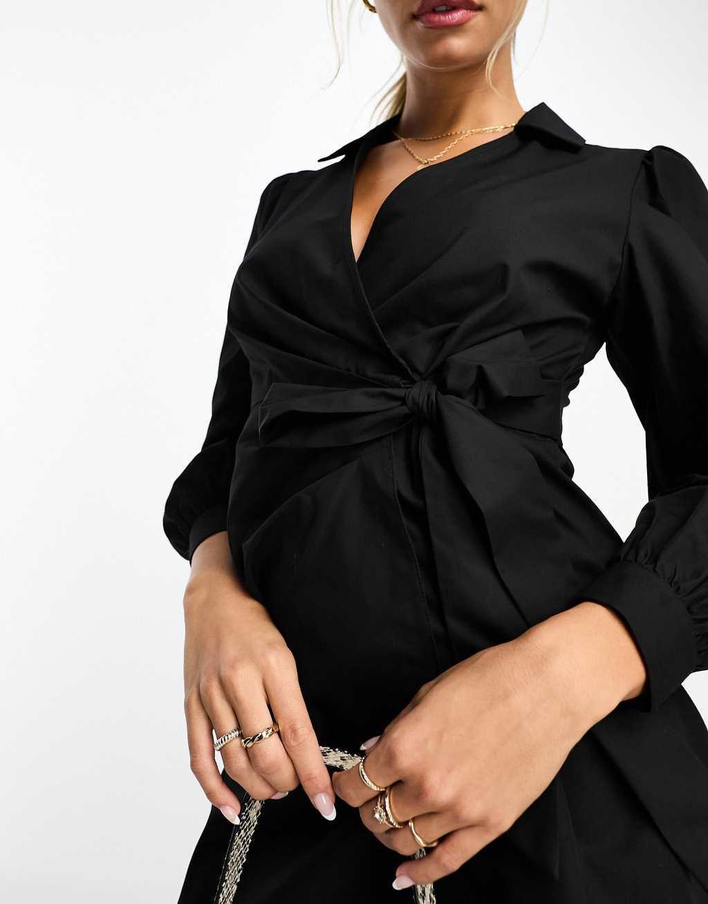 Miss Selfridge poplin wrap shirt dress in black  Product Image