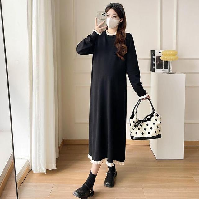 Maternity Long-Sleeve Round Neck Two Tone Midi Sweater Dress Product Image