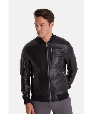 Men's Genuine Leather Bomber Jacket, Black Product Image