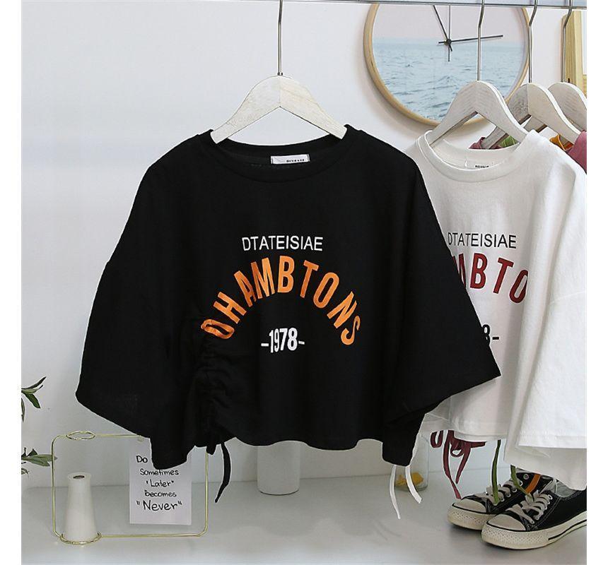 Short-Sleeve Letter Print Drawstring Crop T-Shirt Product Image