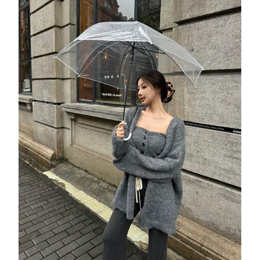 Plain Button Knit Tube Top / Mid Waist Plain Sweatpants / Plain Long Cardigan / Set Product Image