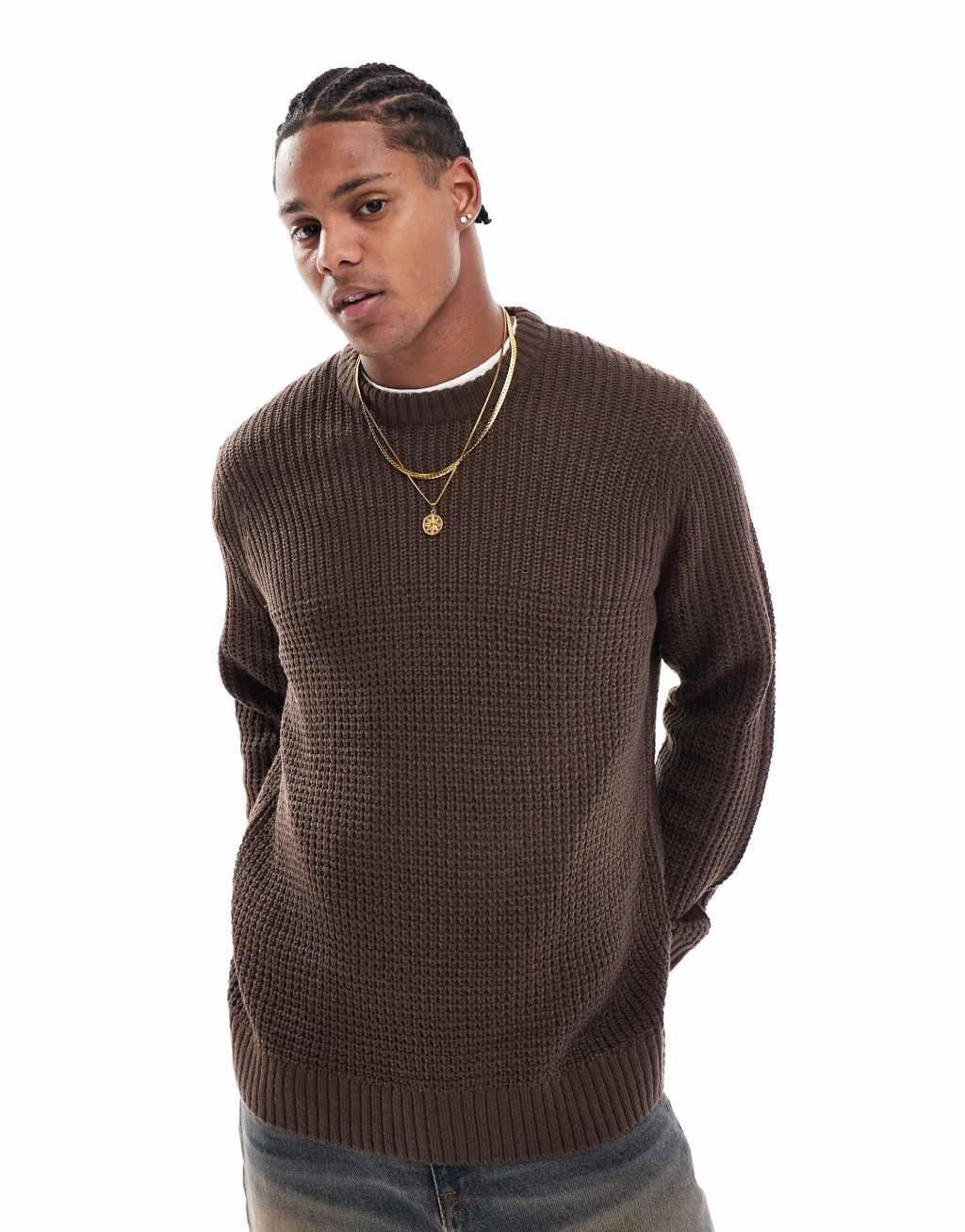 ONLY & SONS ribbed knit sweater in brown Product Image