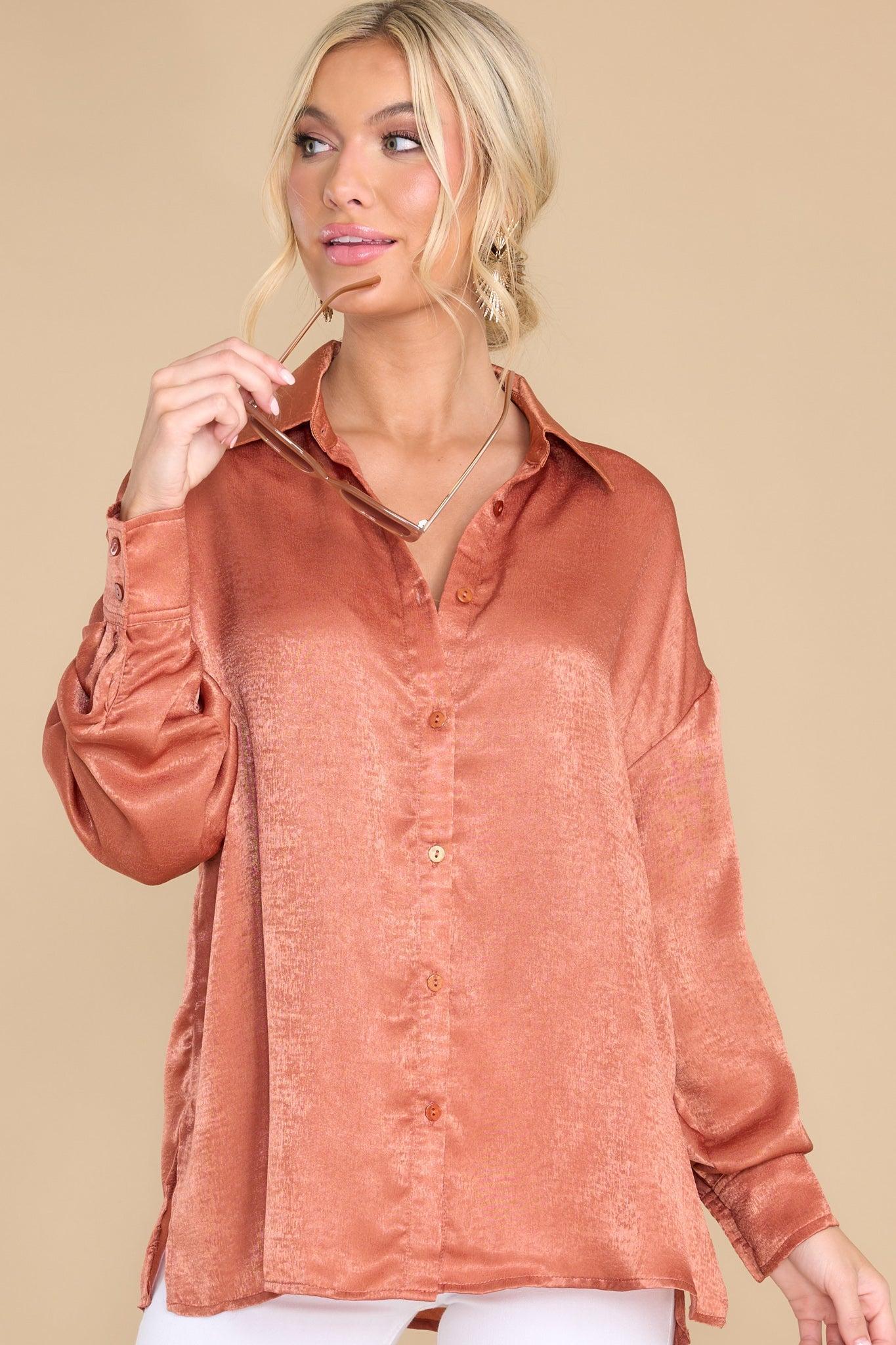 Aura Read All About It Rust Orange Button Front Top Product Image