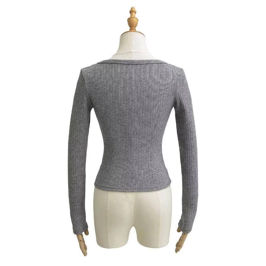 Long Sleeve Scoop Neck Henley Plain Ribbed Cropped Top Product Image