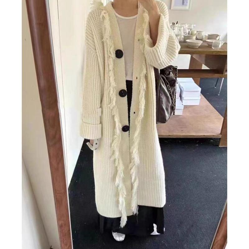 Frill Trim Button-Up Plain Long Cardigan Product Image