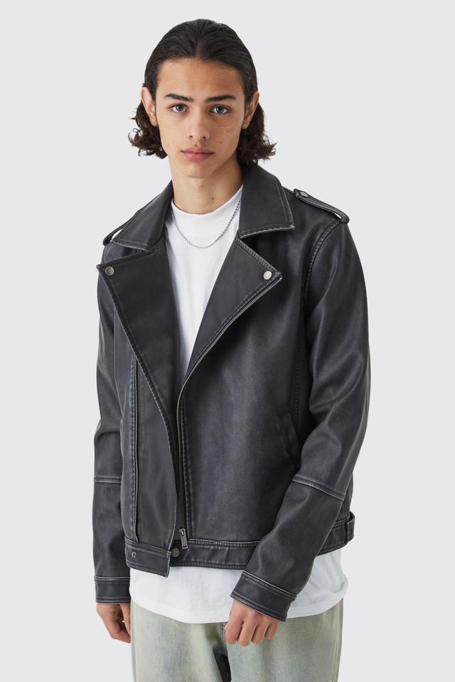 Regular Fit Washed Pu Biker | boohooMAN USA Product Image