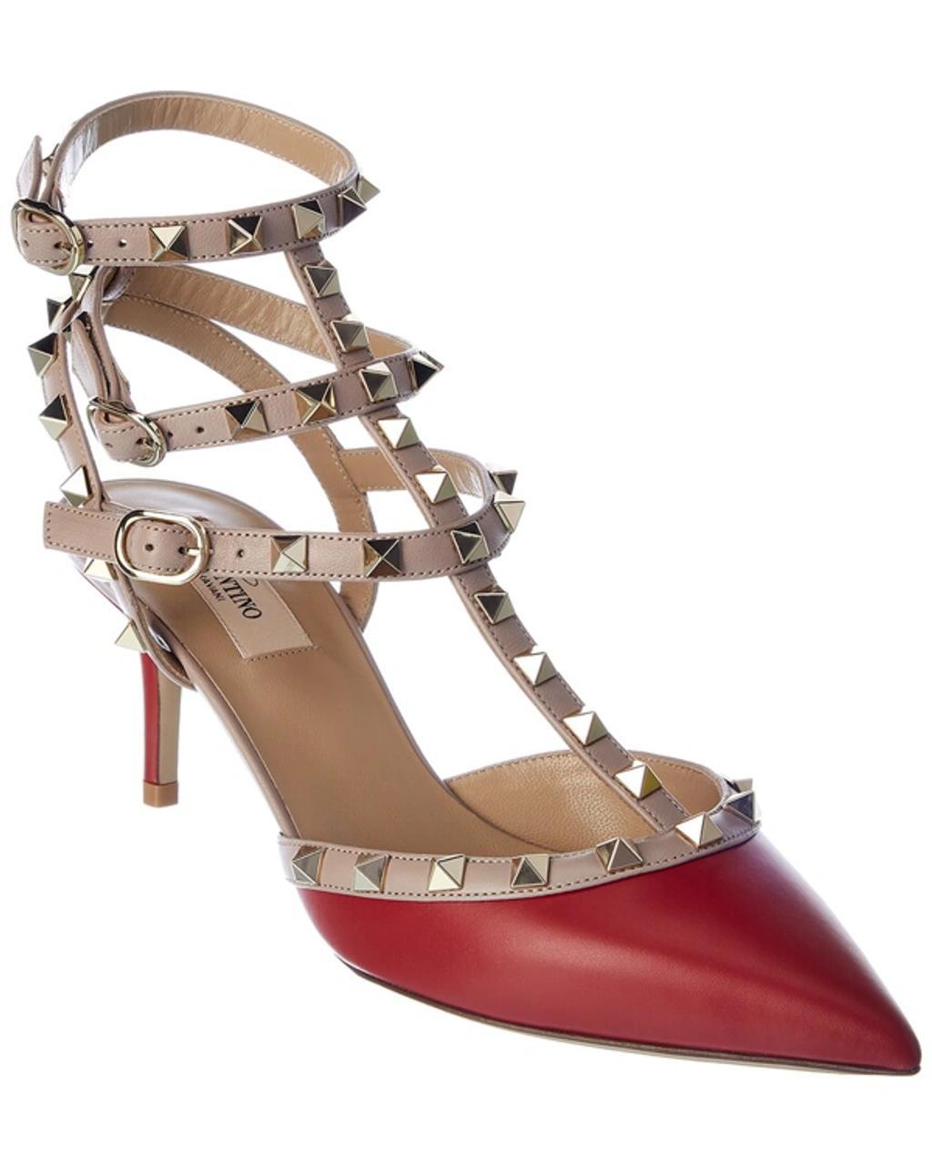 Rockstud Caged 65 Leather Ankle Strap Pump In Red Product Image