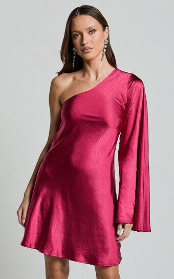 Karla Mini Dress - One Shoulder Long Sleeve Dress in Berry Product Image