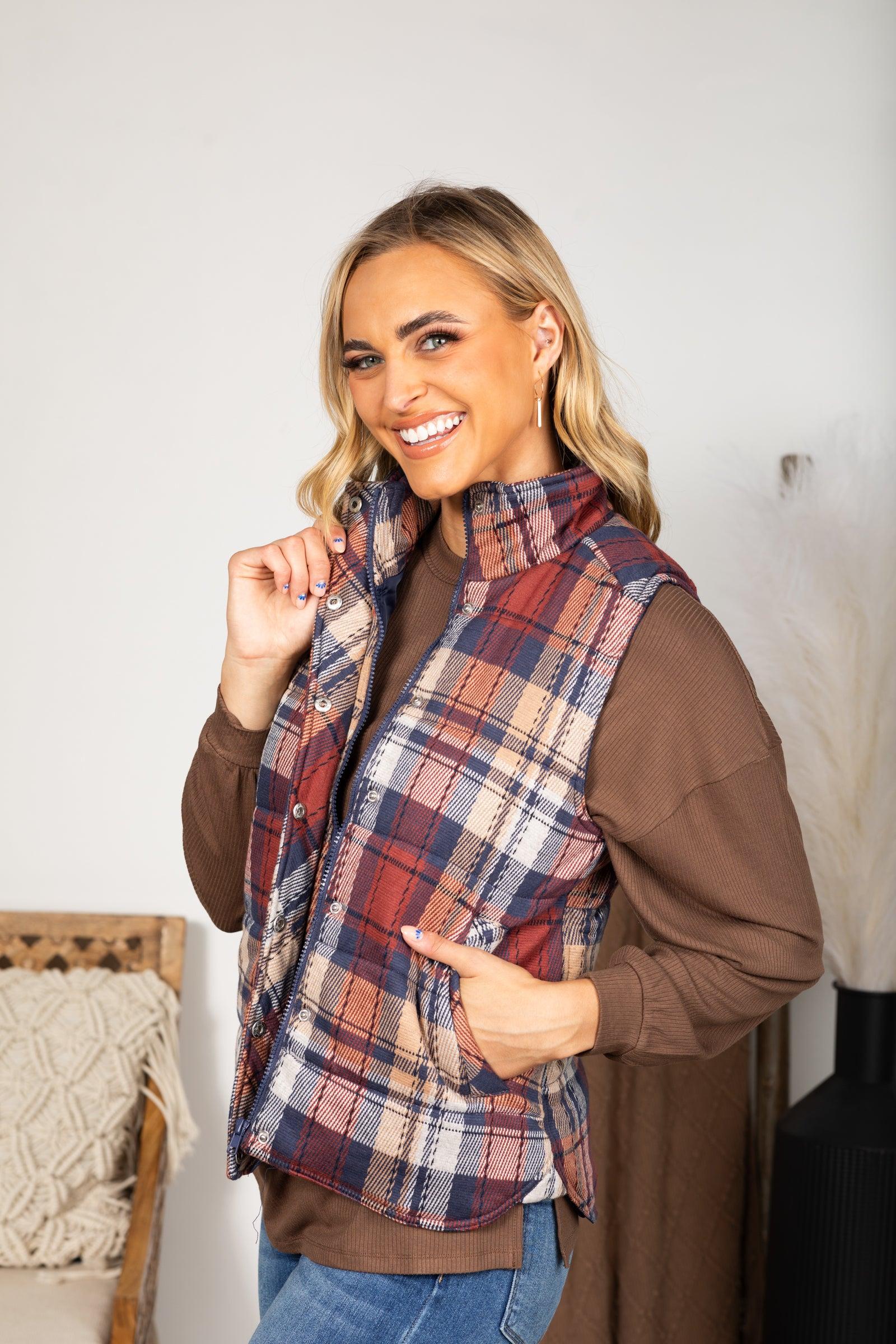 Navy And Maroon Plaid Vest With Pockets Product Image