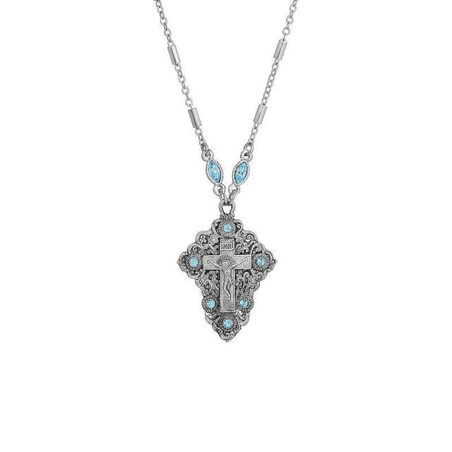 Symbols of Faith Silver Tone Aqua Crystal Cross 16 Adjustable Necklace, Womens, Blue Product Image