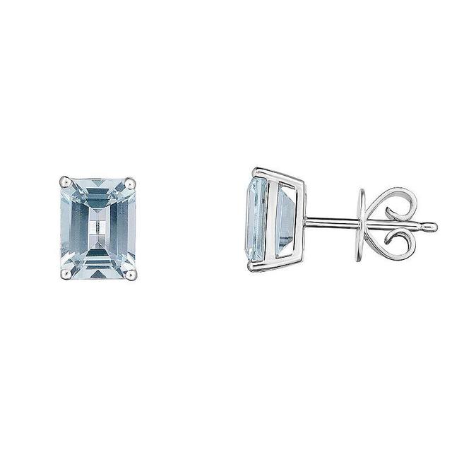 Sterling Silver Emerald Cut Aquamarine Stud Earrings, Womens Product Image