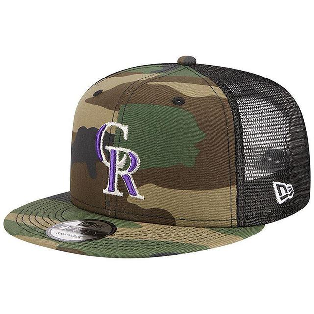 Mens New Era Camo Colorado Rockies Woodland Camo Trucker 9FIFTY Snapback Hat, Green Product Image