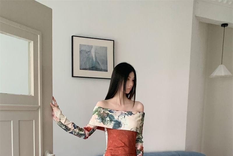 Off Shoulder Long Sleeve Floral Print Maxi A-Line Dress Product Image